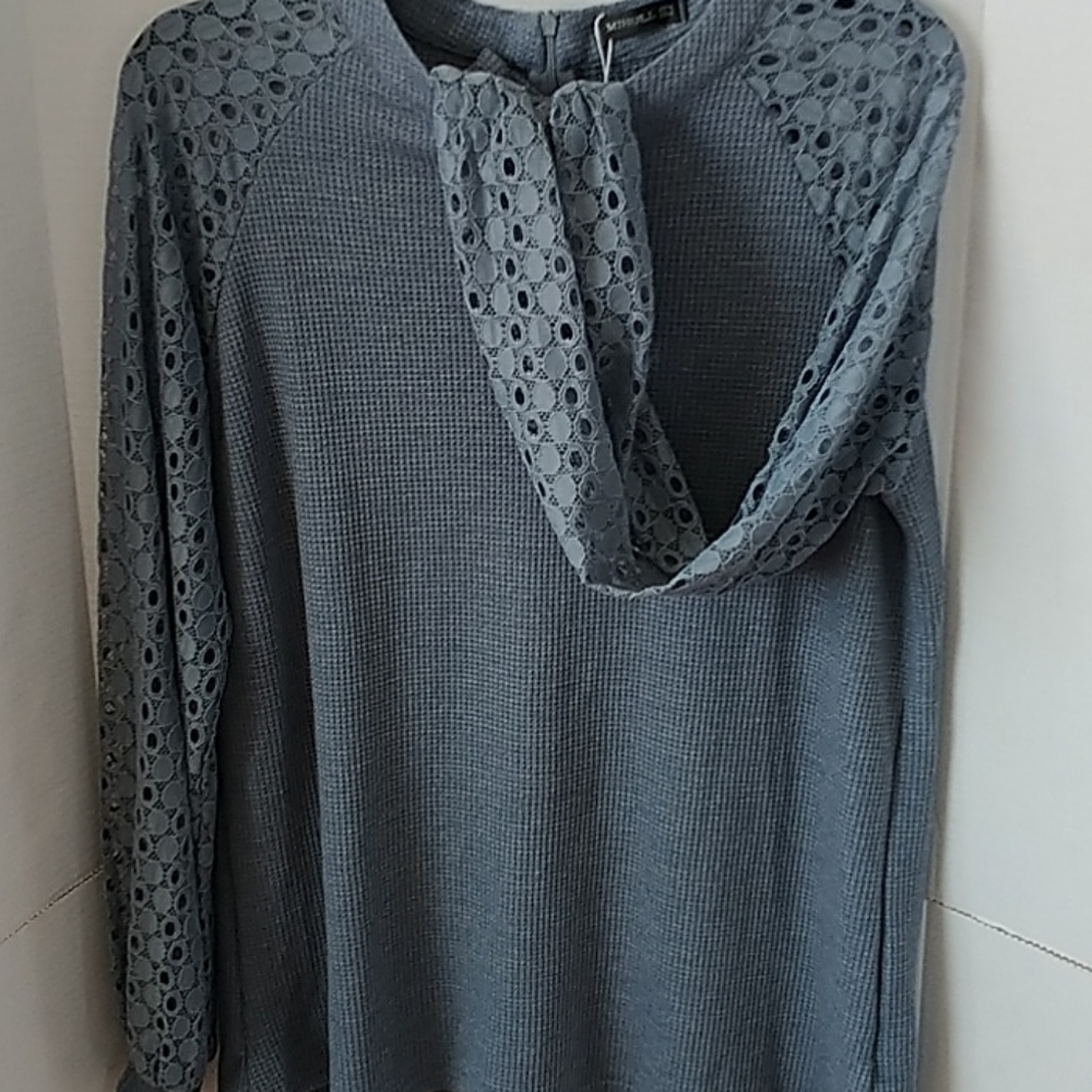 Miholl Stale Gray Soft Lace Sleeves Waffle Top L